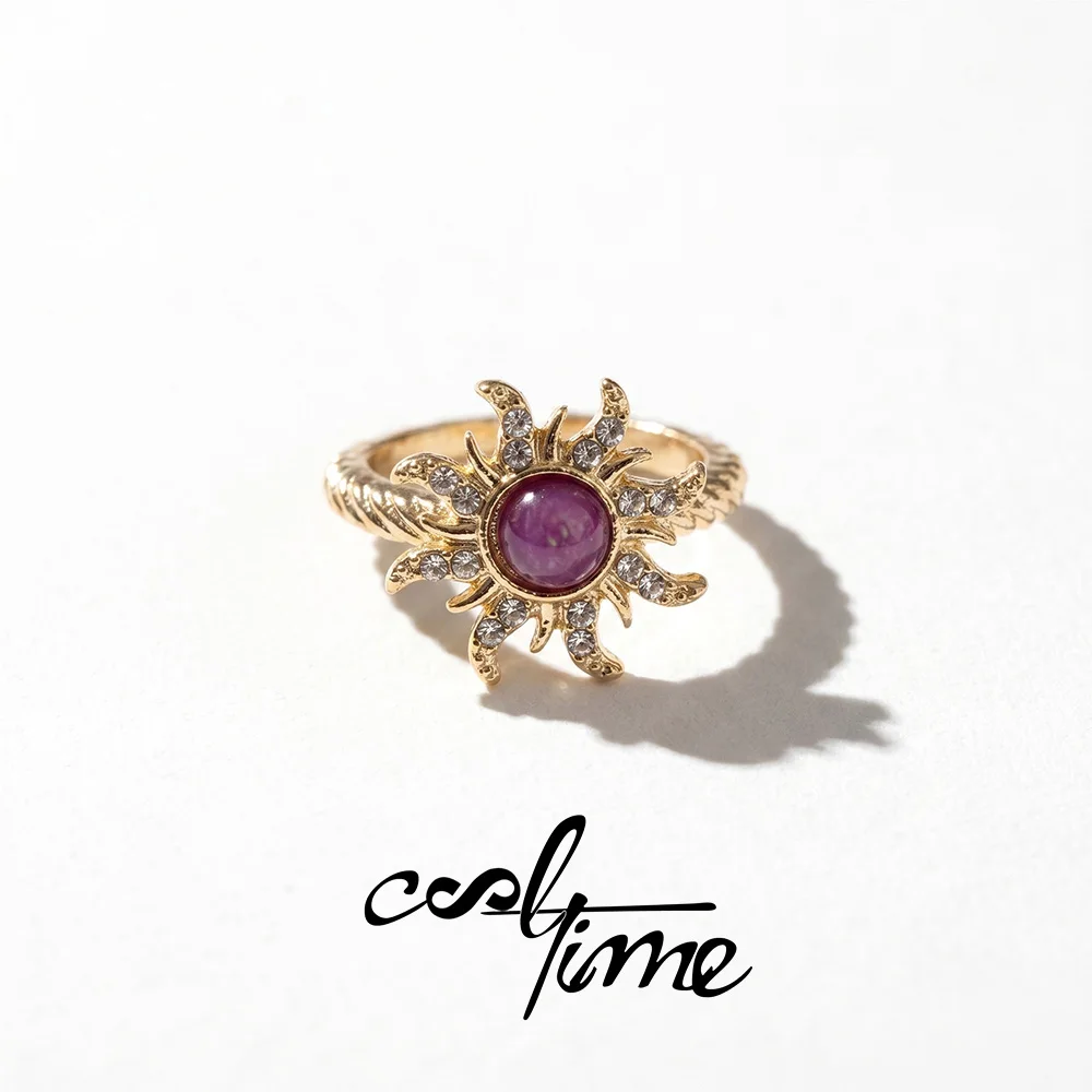 CoolTime Purple Cabochon Sunburst Ring For Women Celestial Sun Wicca Pagan Jewelry Textured Braided Band Open Ring Alloy Gift