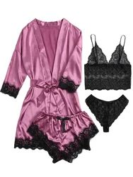 Woman Sleepwear 4pcs Floral Lace Trim Satin Pajamas Set with Robe Sexy Faux Silk Pijamas Robe Sets Casual Home Clothes Nightwear