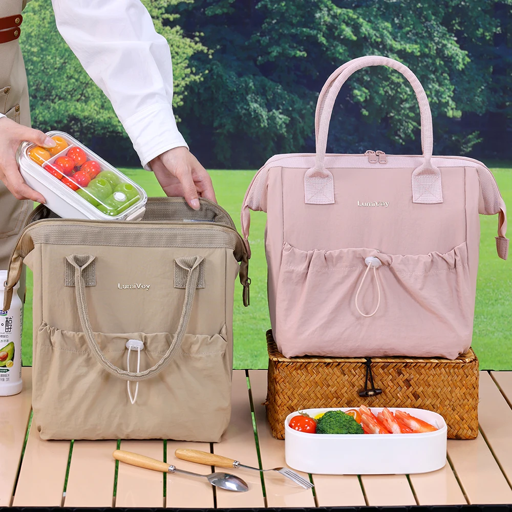 Large Capacity Lunch Bag Lady Travel Thermal Insulated Cooler Tote with Drawstring Pocket for Office Picnic Outdoor Food Storage