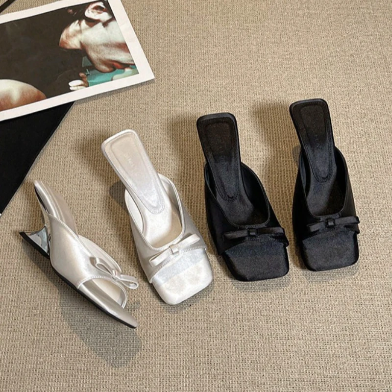 

Fashion Square Toe Strange Style Heels Women Slippers Street Style Elegant Butterfly-knot Party Dress Slide Summer Shoes