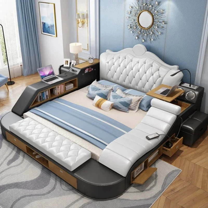 تخزين سرير مزدوج بحجم كوين فريد من نوعه من Nordic Master Princess إطار سرير مزدوج فاخر من الجلد الطبيعي أثاث غرفة Deux Place #1