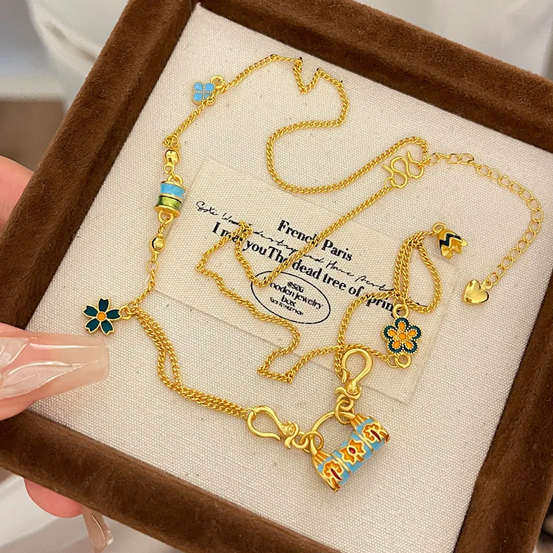 Quaint blue colored enamel floral Ruyi lock necklace pendant light luxury high-end collar chain charms banquet jewelry gifts
