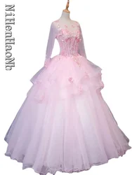 Pink Quinceanera Dresses With Long Sleeves Princess Prom Gowns Tulle Appliques Ball Gown Sweet 15 16 Dresses