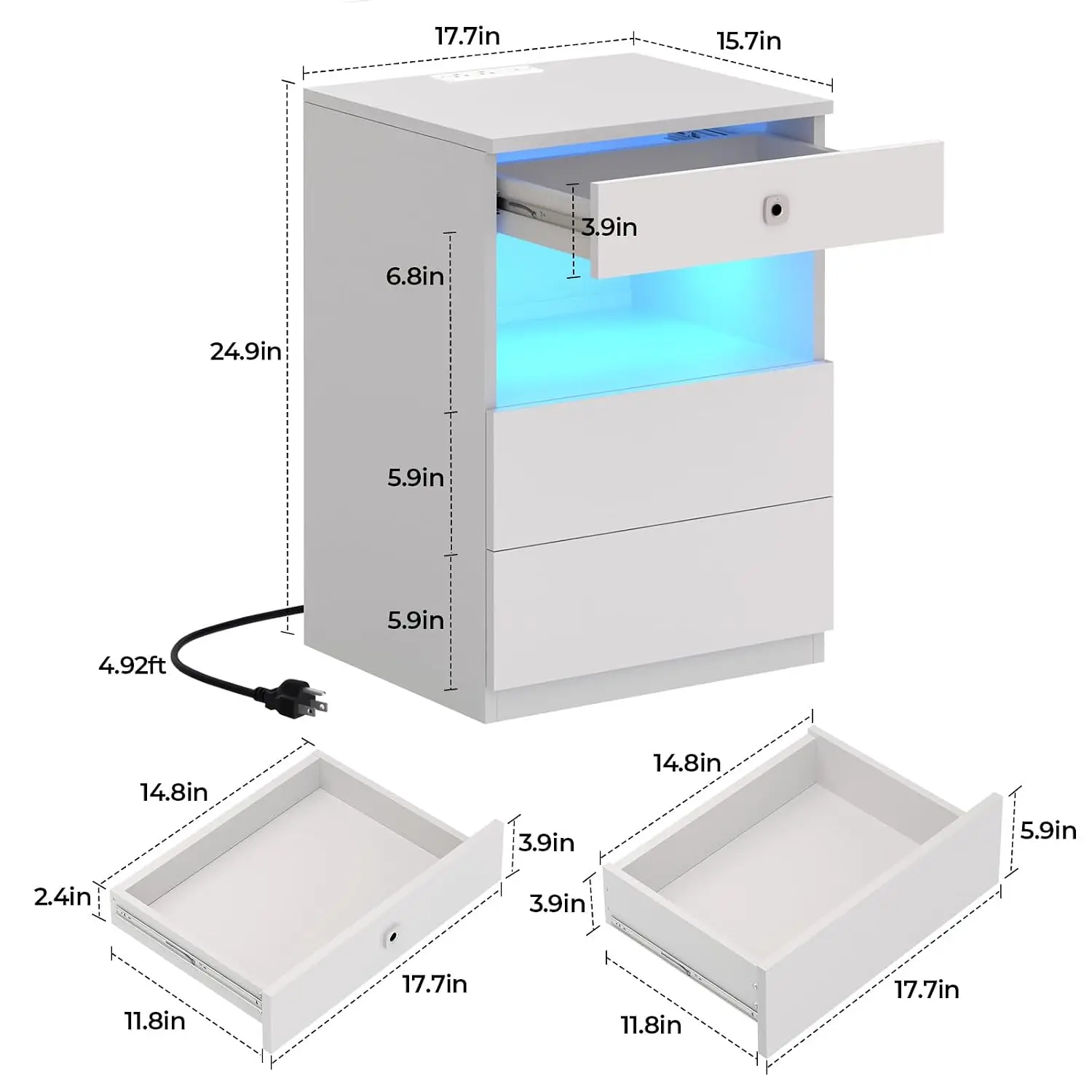 Smart Nightstand Fingerprint Lock LED Charging Station Hidden Storage High Gloss 3-Drawer Bedside Table Bedroom, Customized