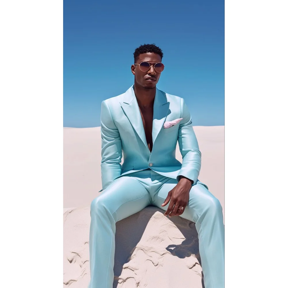 

Sky Blue Single Button Peaked Lapel Men Suits Wedding Banquet Formal Party Fashion Man Sets 2 Pieces (Jacket+Pants) Customized