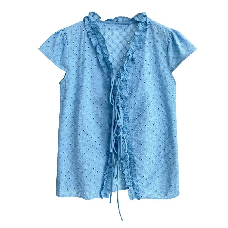 الفرنسية الحلو الفطريات حافة الخامس الرقبة قصيرة الأكمام المرأة الصيف جديد جوفاء مطرزة حزام قميص أنيق عصري مريح