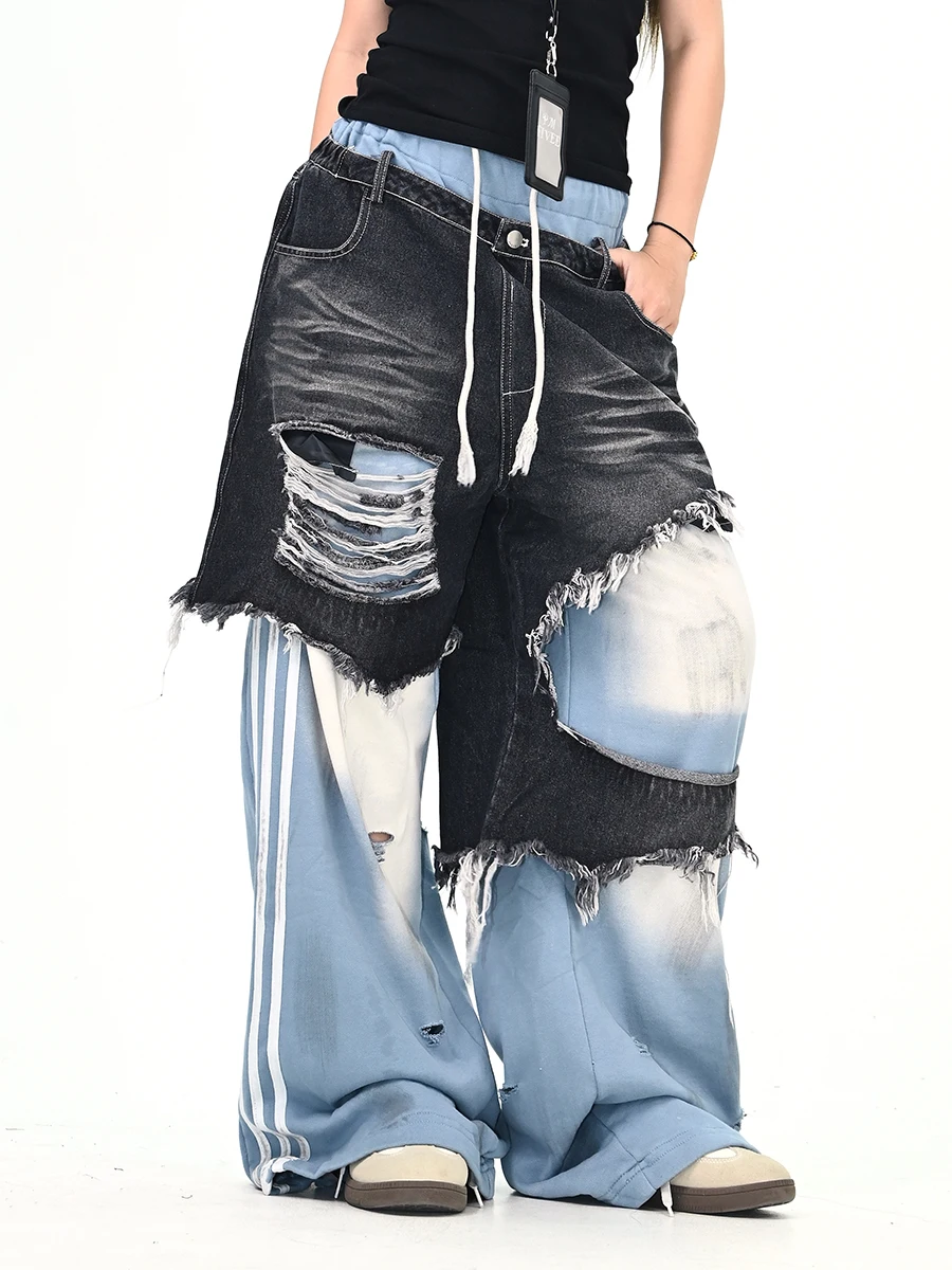 Casual Striped Denim Wide Leg Pants Women's Spring New Loose Bf Trendy Brand Patchwork Jeans Street Style Natural Waist