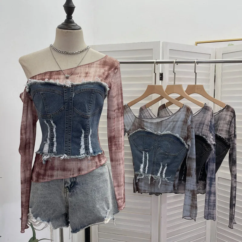 

Y2k Slanted Shoulder Smudged Mesh Stitching Rough Edge Denim T-shirt Long-sleeved Top Women