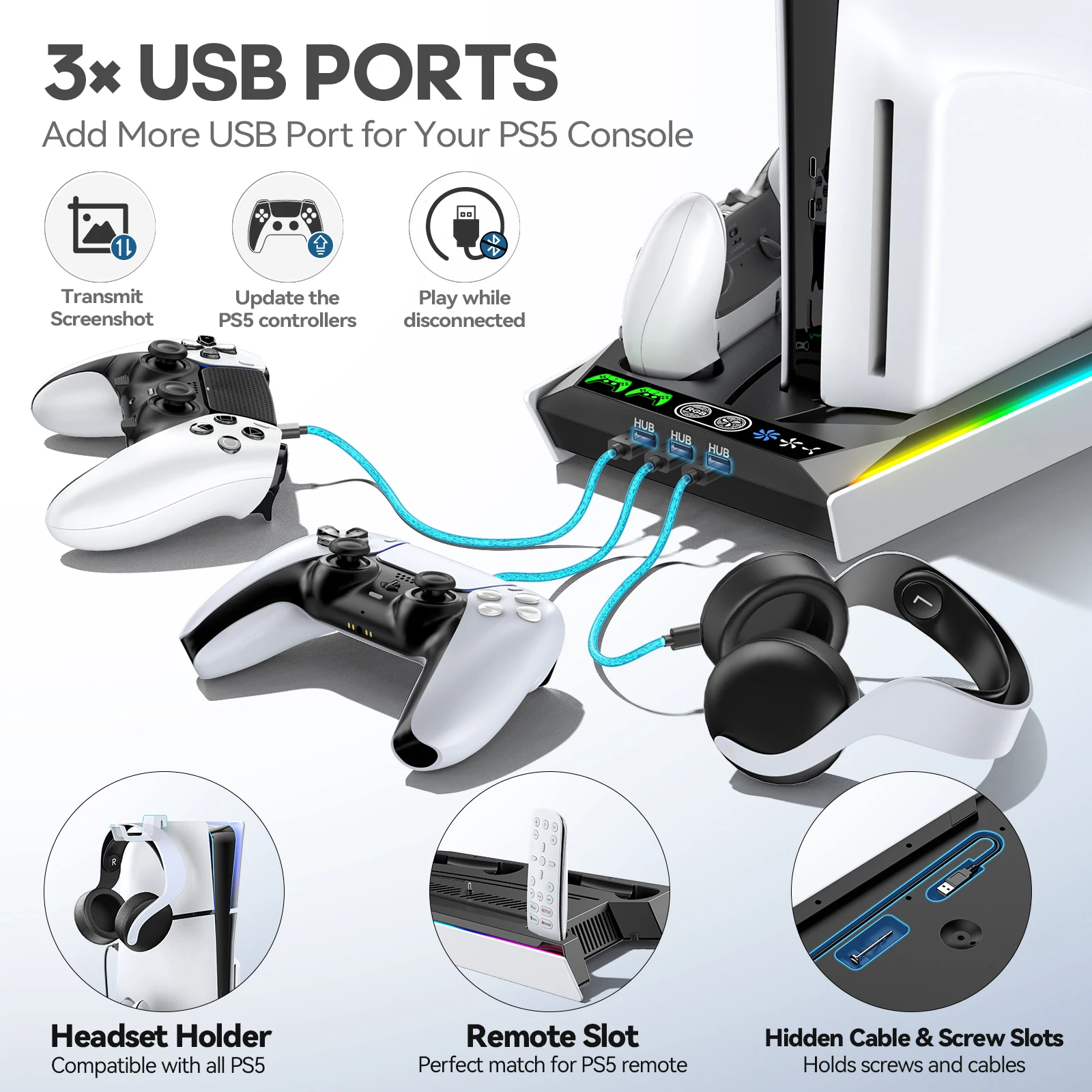 Imagem -06 - Slim Stand para Ps5 Level Cooling Station Rgb Led Controller Charger Playstation Acessórios com Hubs Usb