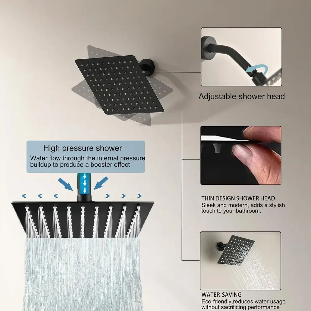 مجموعة صنبور دش بمقبض مزدوج أسود غير لامع مثبت على الحائط مع مقابضين، تركيبات دش كاملة