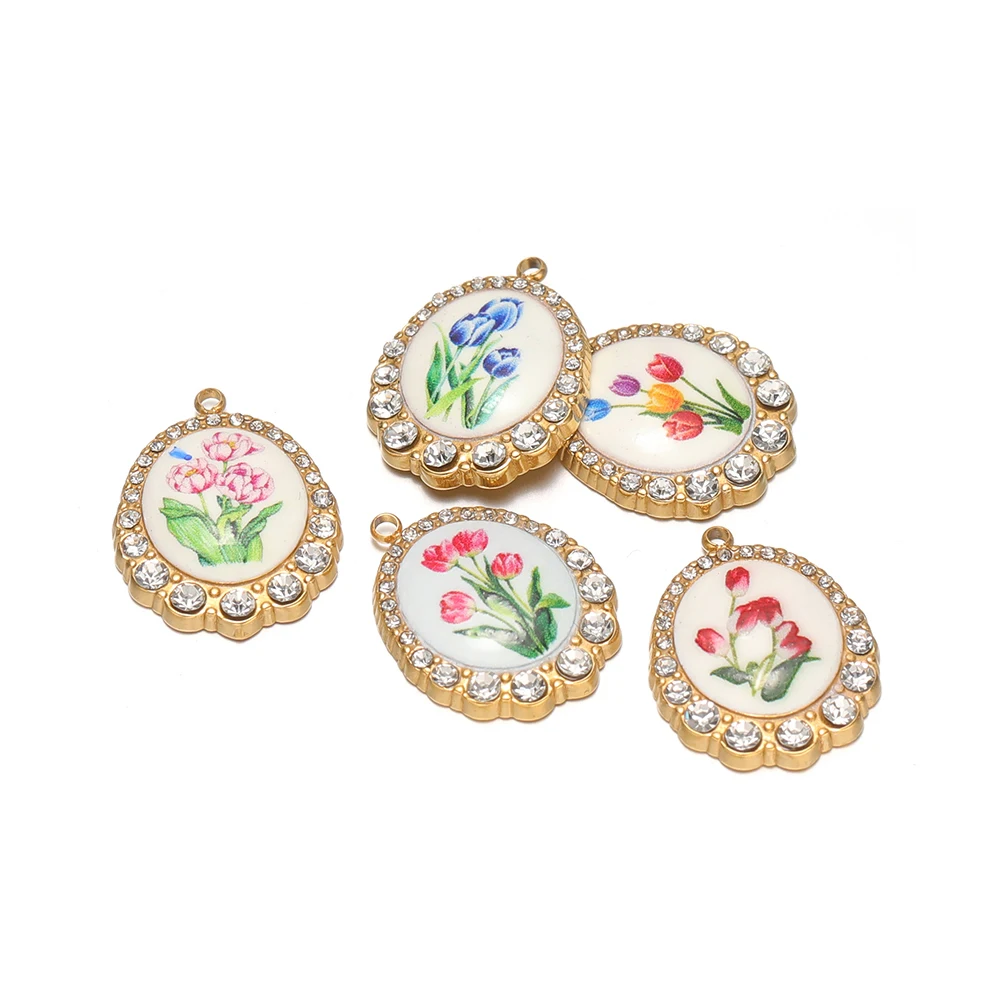 3 Stück Edelstahl Elegante Emaille-Blumenanhänger mit Zirkonia für Damen Armband Halskette DIY Schmuck Ohrringe Bastelzubehör – Detail 2