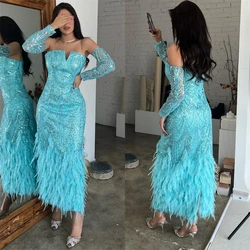 Customized es Elegant Strapless Sheath Cocktail Sequin Feathers Chiffon Occasion Evening Gown robe soiree платье на выпускной