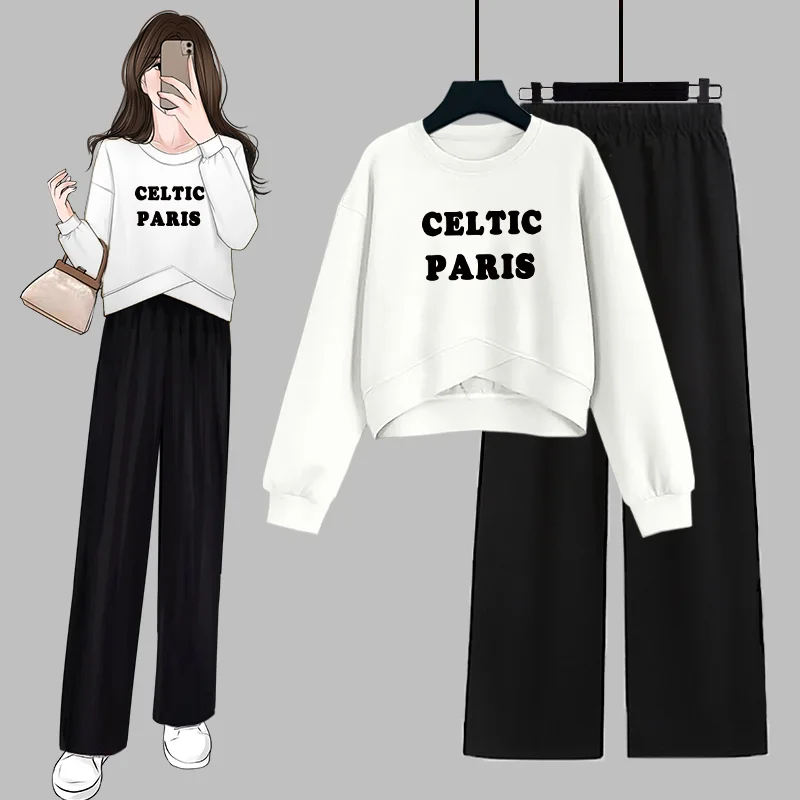 Single/Set 2024 Autumn New Design Set Women's Short Loose Cross Round Neck Hoodie+Wide Leg Pants Wearing Set Pant Sets