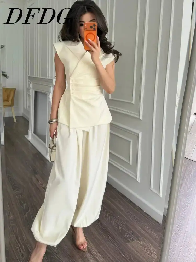 

DFDG Women 2026 Spring Summer Two Piece Outfit Blazer Vest Ruched Waist High Waist Wide Leg Pants Elegant Office Suit