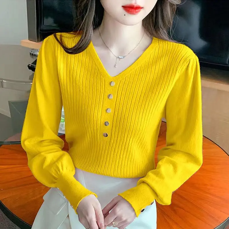 

V Neck Slim Knitting Simplicity Temperament Sweaters Autumn Winter Long Sleeve Elegant Pullovers Fashion Korean Women Clothing