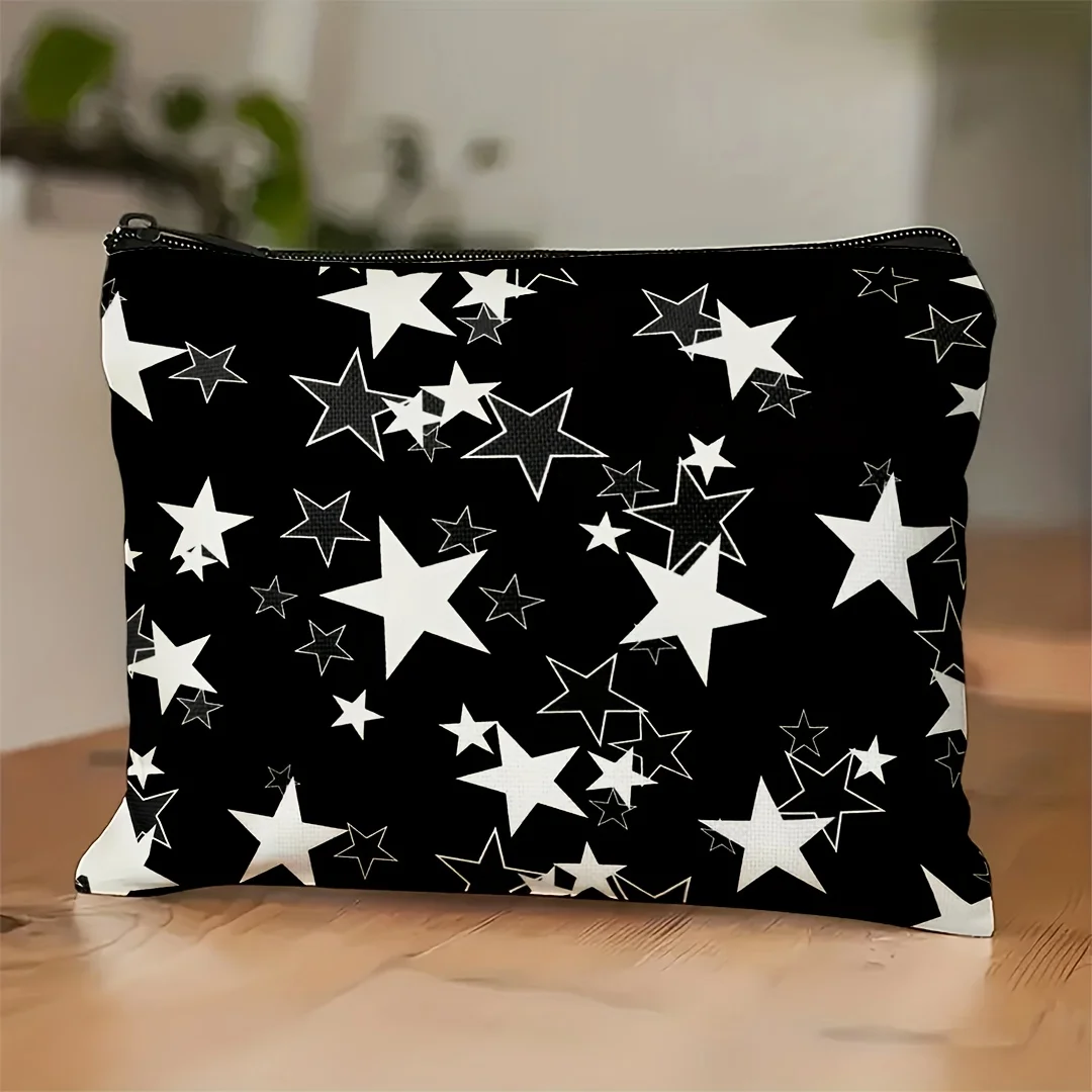 

A Fashionable Black Cosmetic Bag With White Star Pattern - Cute Multifunctional Zipper Bag For Women, Jewelry Storage Bag