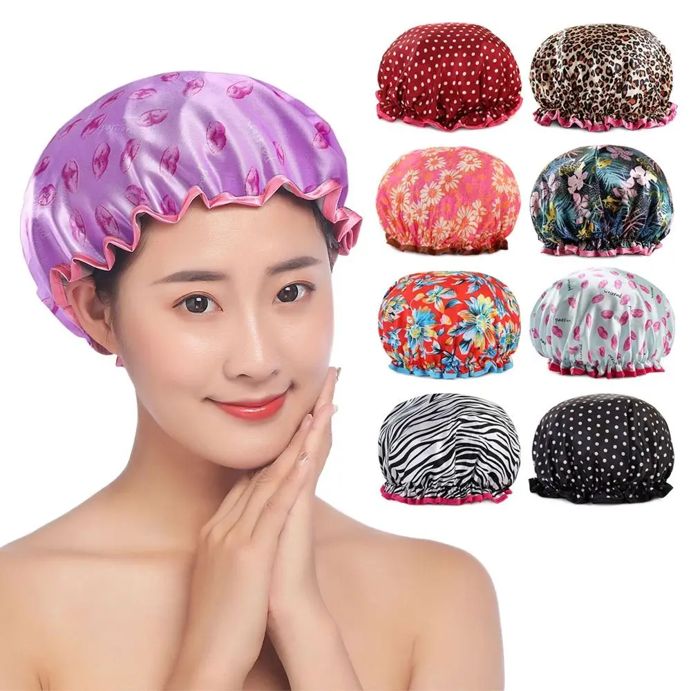 Creative Large Double Layers Thick Waterproof Shower Cap Reusable Printing Women Bath Hat Breathable Shower Hair Cover