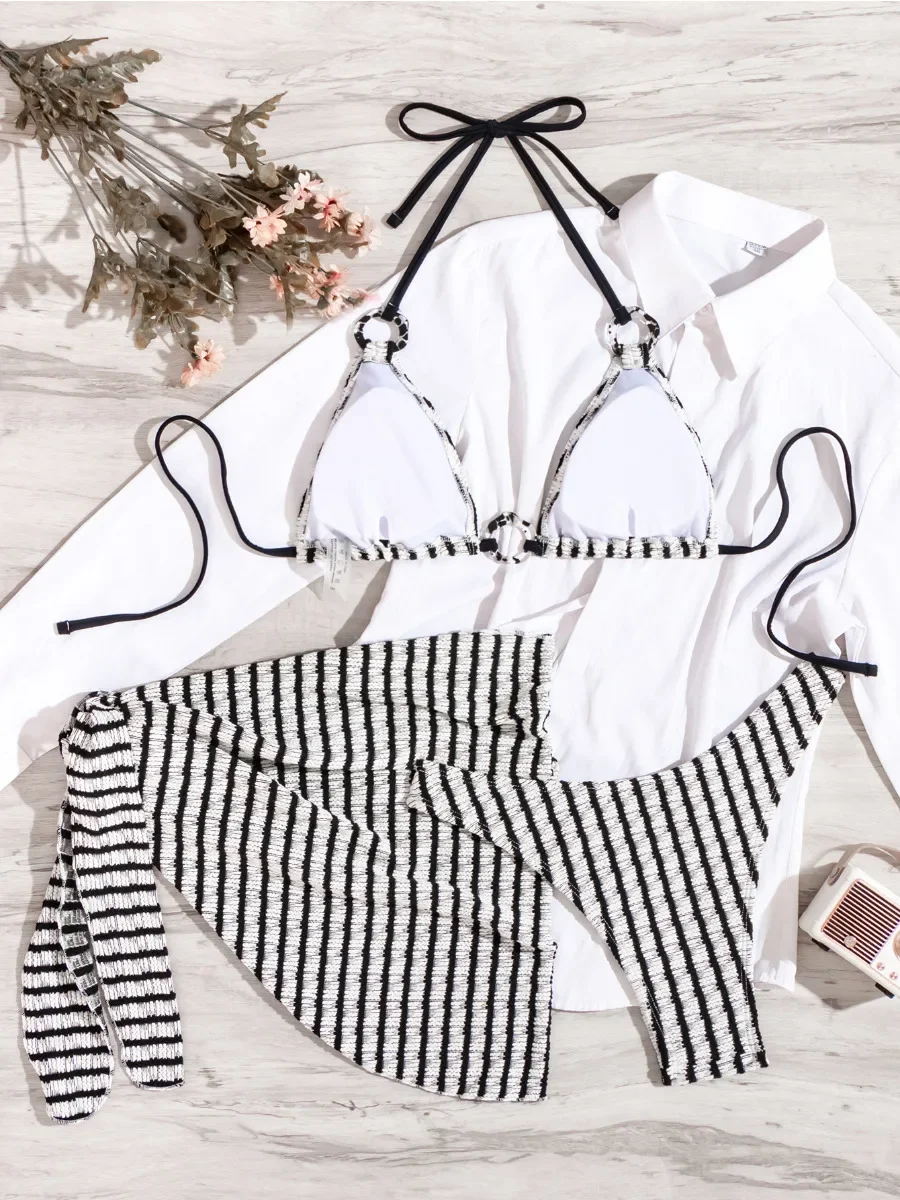 Bikini Set Black White Stripe Print 3 Piece Swimsuit for Women Sexy Triangle Halter Backless Beach Skirt Bathing Suit 2025 New