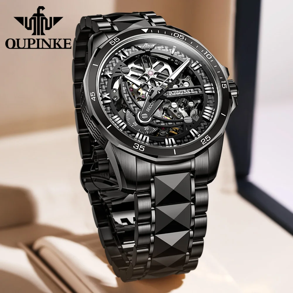 OUPINKE Black Skeleton Men's Wristwatch Luxury Brand Waterproof High Quality Tungsten Steel Automatic Mechanical Luminous Hollow