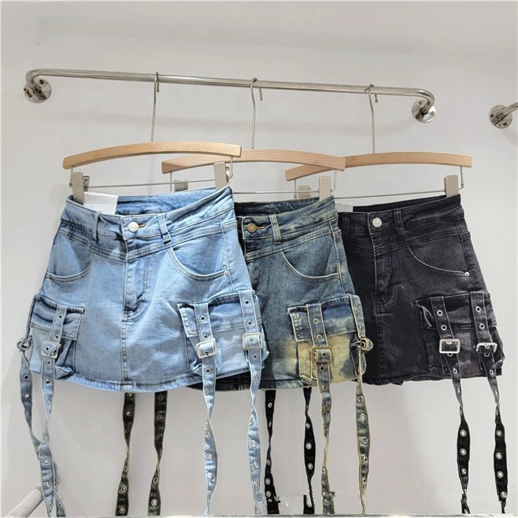 

Womens Casual Multiple Pockets Denim Skirt Vintage Goth Y2k Mini Skirt 2024 New Fashion Women Skirts