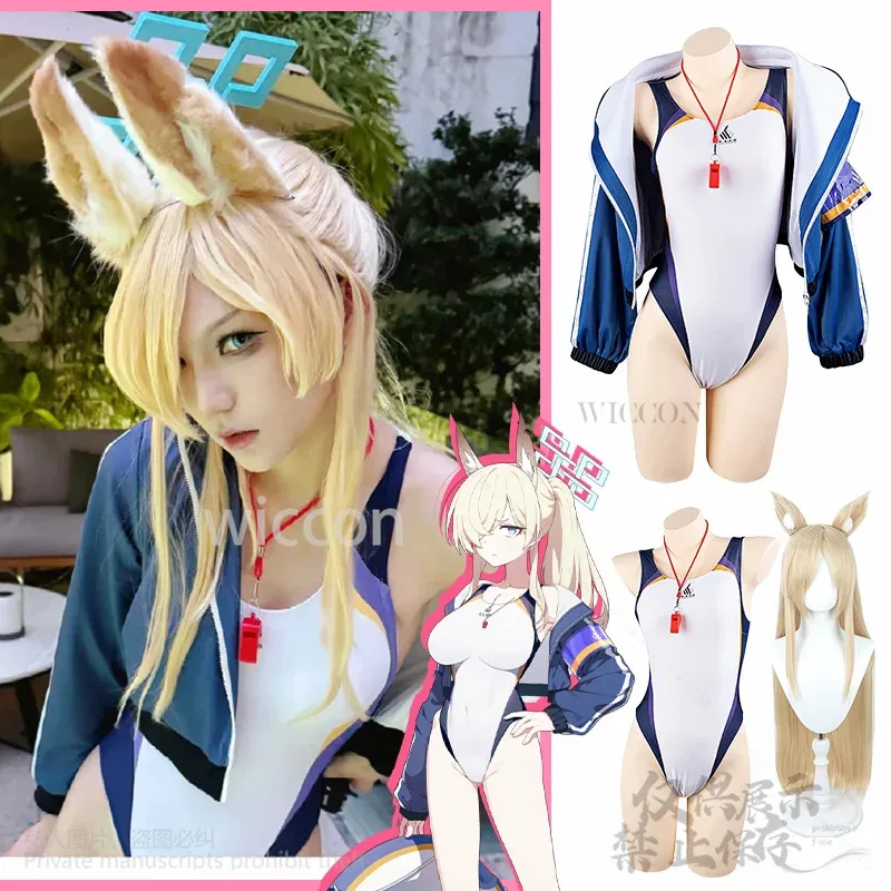Juego de archivo azul Ogata Kanna, disfraz de Anime, abrigo, traje de baño Kawaii, mono Sexy, Jirai Kei, orejeras peludas personalizadas
