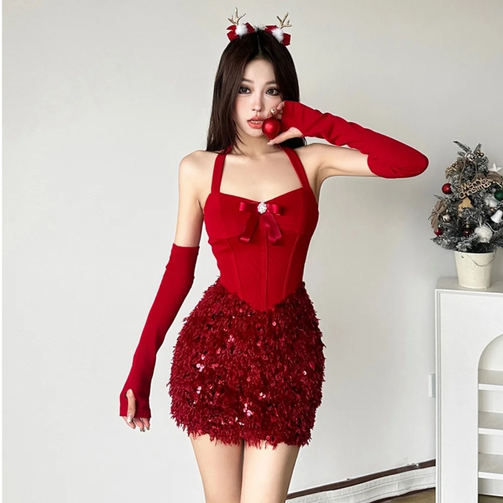 

Women Sequins Feathers Cosplay Christmas Dress Sexy Bow Tie Cute Mini Dresses