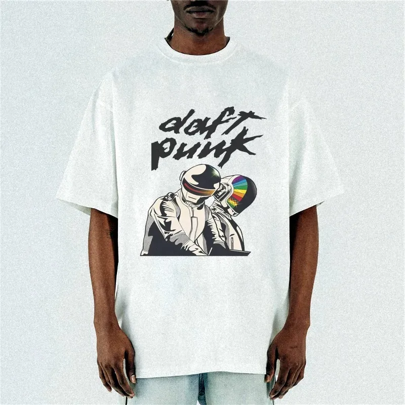Daft Punk Rainbow Helm DJ Band Grafik-T-Shirt aus Baumwolle für Herren und Damen, Streetwear-T-Shirt – Detail 4