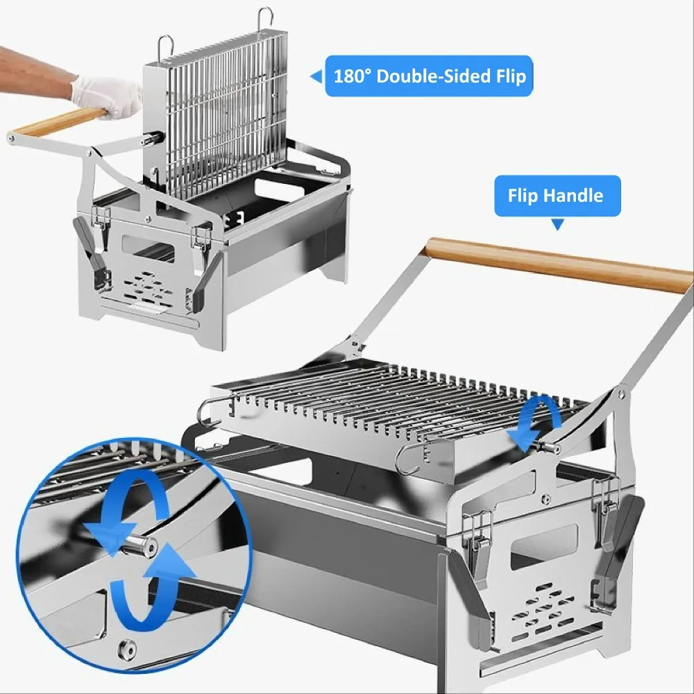 Rotating BBQ Grill with Flip, Portable Stainless Steel Outdoor Grill 180-Degree Turn For Garden & Camping, Easy To Clean