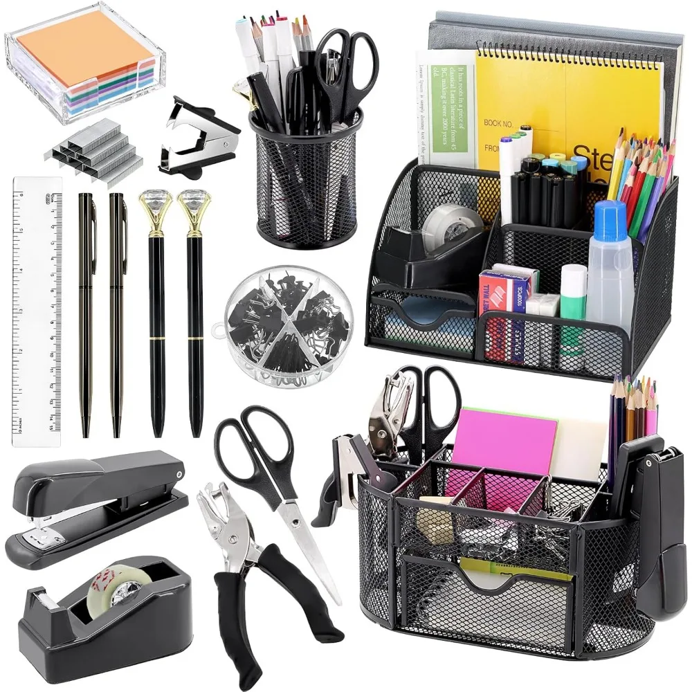 set-organizer-da-scrivania-e-accessori-neri-17-in-1-3-articoli-da-scrivania-per-l'organizzazione-dello-stoccaggio-4-penne-cucitrice-punti-metallici-e-rimozione