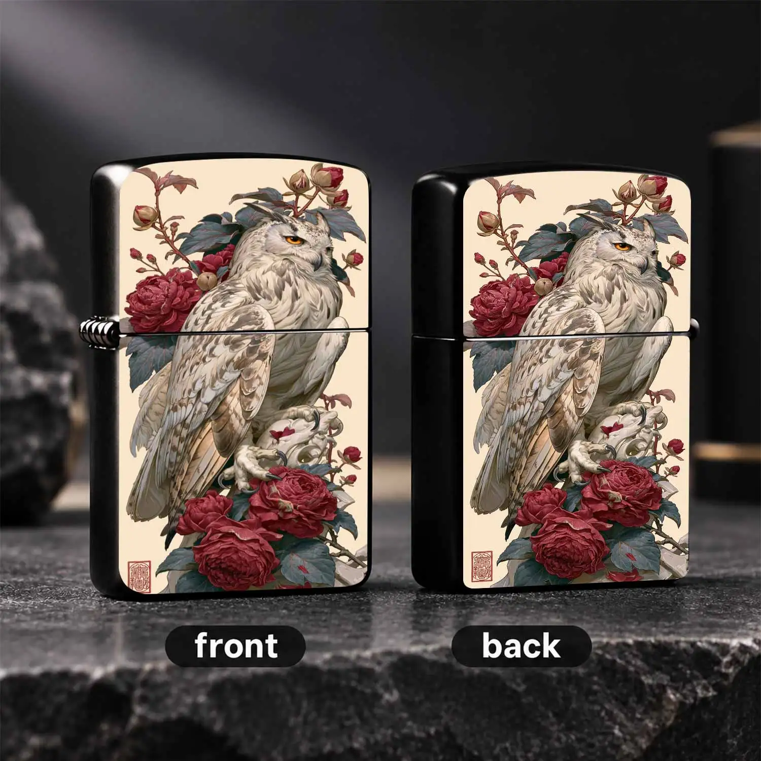 Vintage Art Owl Peony Pattern Portable Lighter, Exquisite Aesthetic Accessory For Daily Outdoor Use, Thoughtful Gift For Family Friends Lovers On All Occasions, Decorative Desktop Ornament With Oriental Elegant Charm A Humorous And Interest