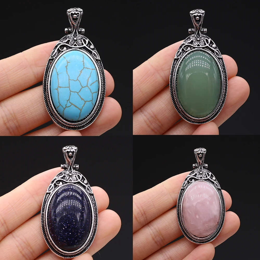 Natural Stone Pendant Vintage Oval Shape Amethyst Rose Quartzs Pendant Charm for Making DIY Jewerly Necklace Accessories 28x55mm