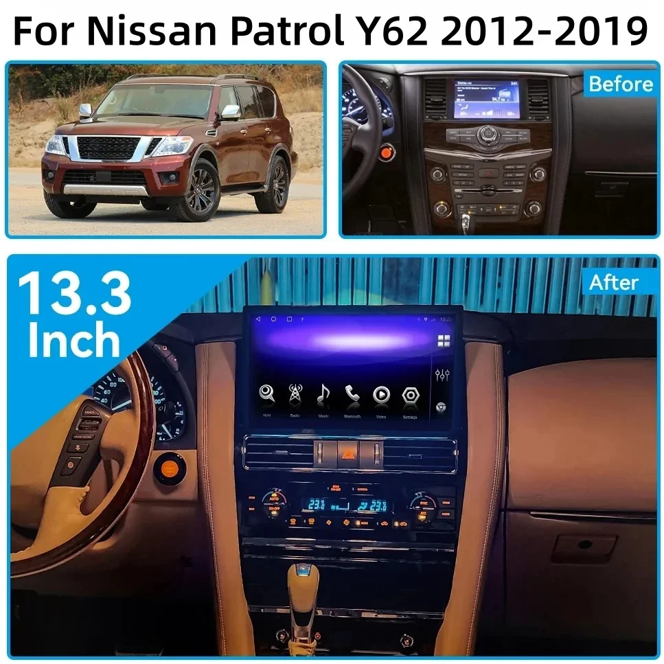 13.3' Radio CarPlay Android For Nissan Patrol Y62 2010-2023 Multimedia Car Radio Player Auto Bluetooth Stereo DSP Head Unit