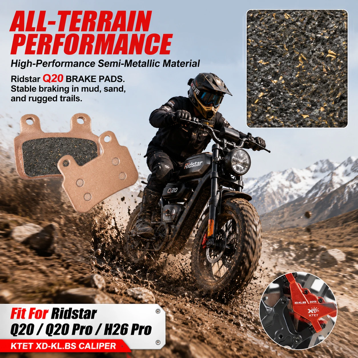Ridstar Q20 Brake Pads Semi-Metallic 2 Pairs for YVY K20 K20 Pro C20 Max Bopzin Q8 KTET XD-KL.BS