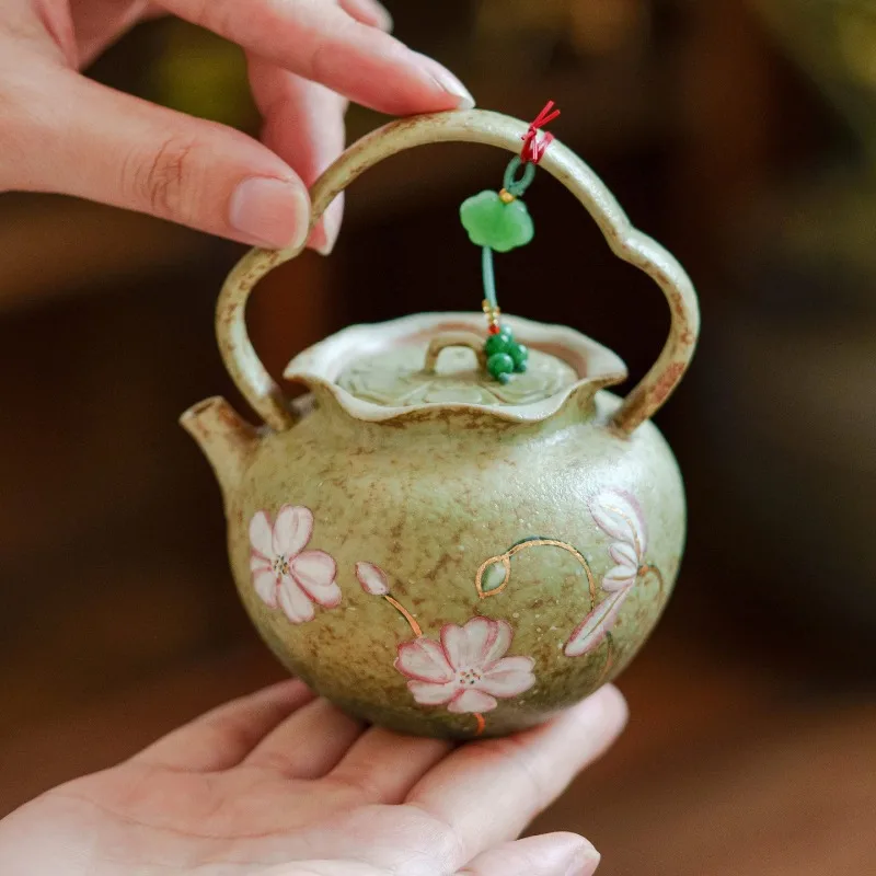 

150ML Leaf Green Flint Red Beam Pot Hand Painted Gold Lotus Ceramic Tea KungFu TeaSet Anti-scalding Teapot Craft Ornaments Gift