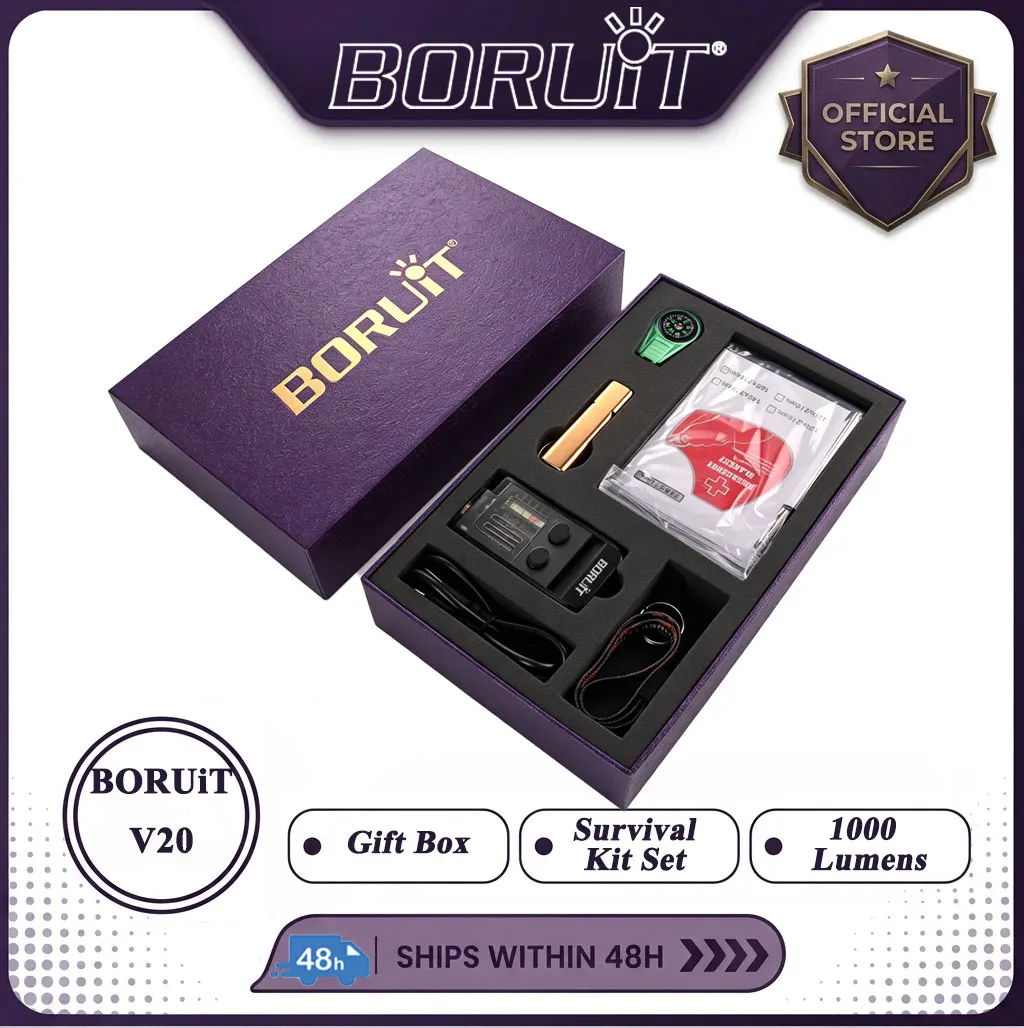 BORUiT V20 1000LM Keychain EDC LED UV Flashlight Type-C Rechargeable Powerful Torch Buzzer Work Light Emergency Set Gift Box
