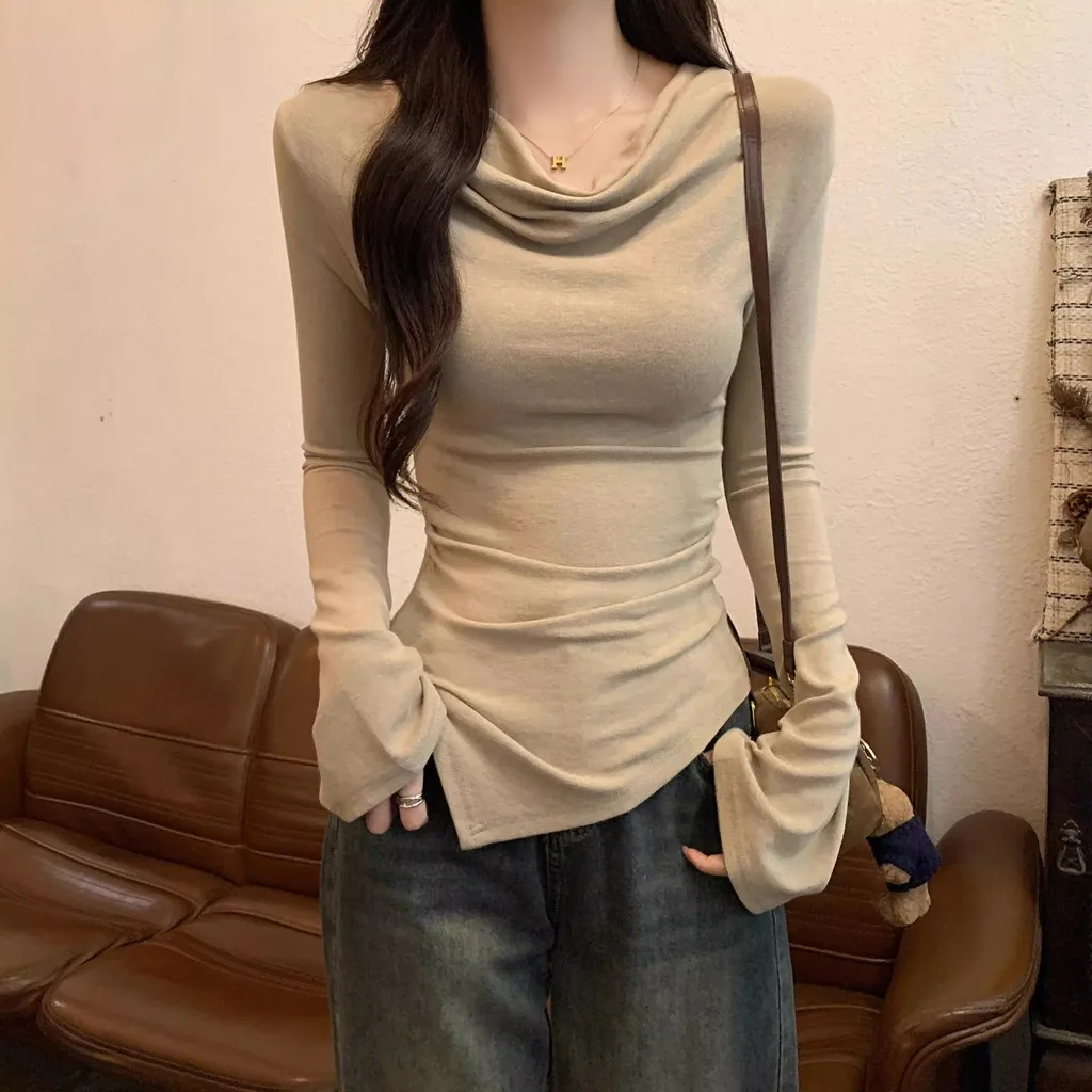 Damen Slim Fit Langarm-Oberteil mit Wasserfallausschnitt, Schulterfreies Design, Unregelmäßiger Saum, Bodycon-T-Shirt, Lässige Y2K Streetwear Bluse – Detail 3