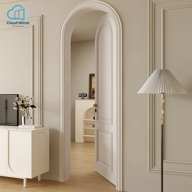 Vintage French Arch Top Solid Wood Interior Door, Solid Recessed Panel Swing Door For Bedroom Residential House Renovation