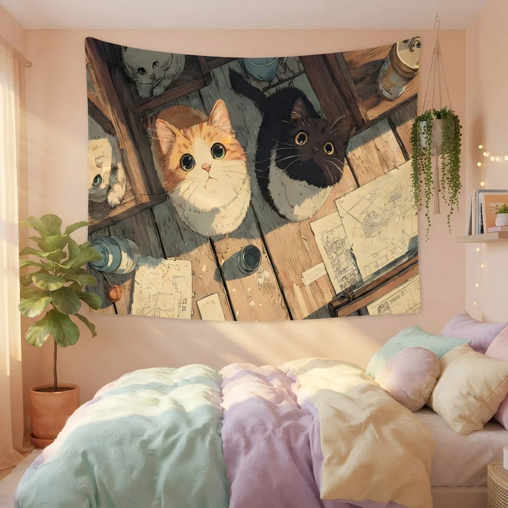 Retro Multi Kittens Tapestry Orange Black White Cat Top View Wood Jar Print Wall Hanging Pet Lovers Dorm Bedroom Decor Gift