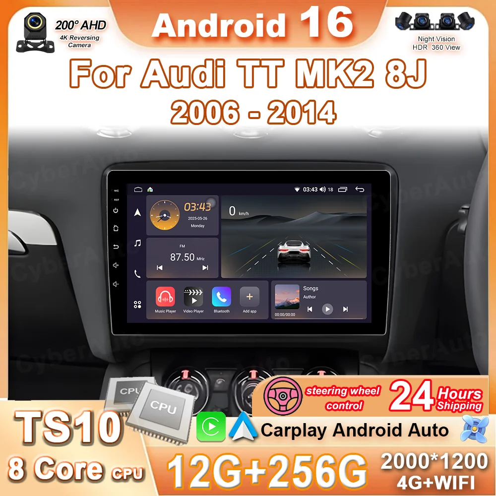 

Android 16 For Audi TT MK2 8J 2006 - 2014 Car Radio Multimedia Player WIFI Stereo GPS QLED Carplay Auto 4G BT Intelligent System