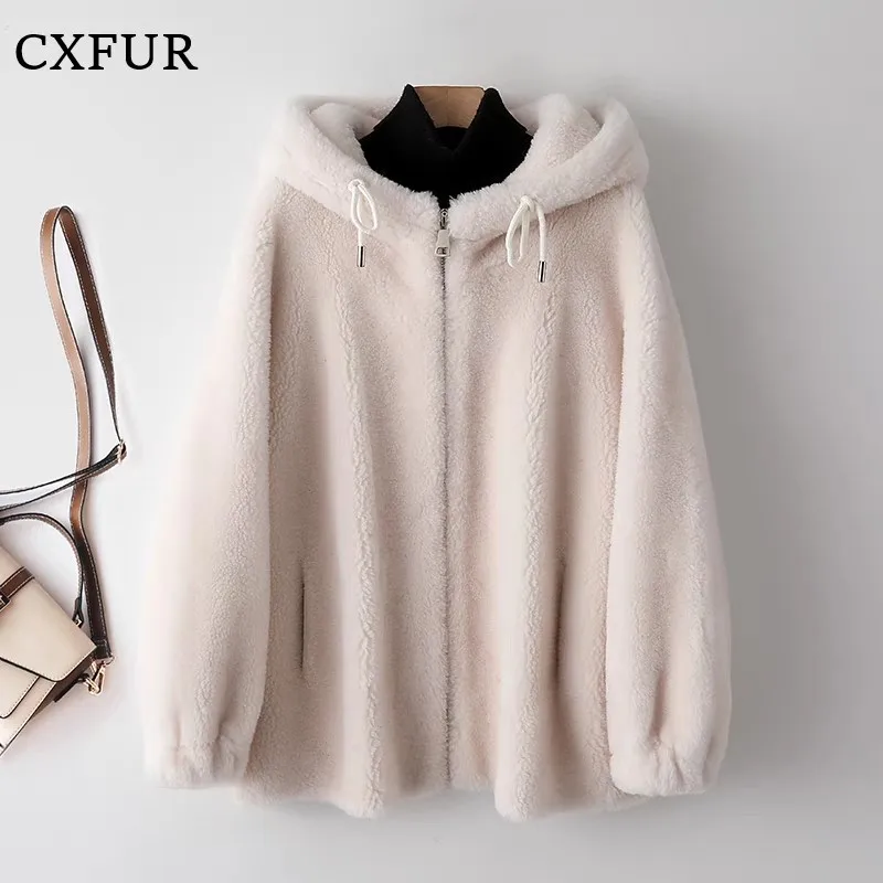 Lambswool Teddy Coat Women Hooded Women Jacket with Zipper CX-G-T-33C