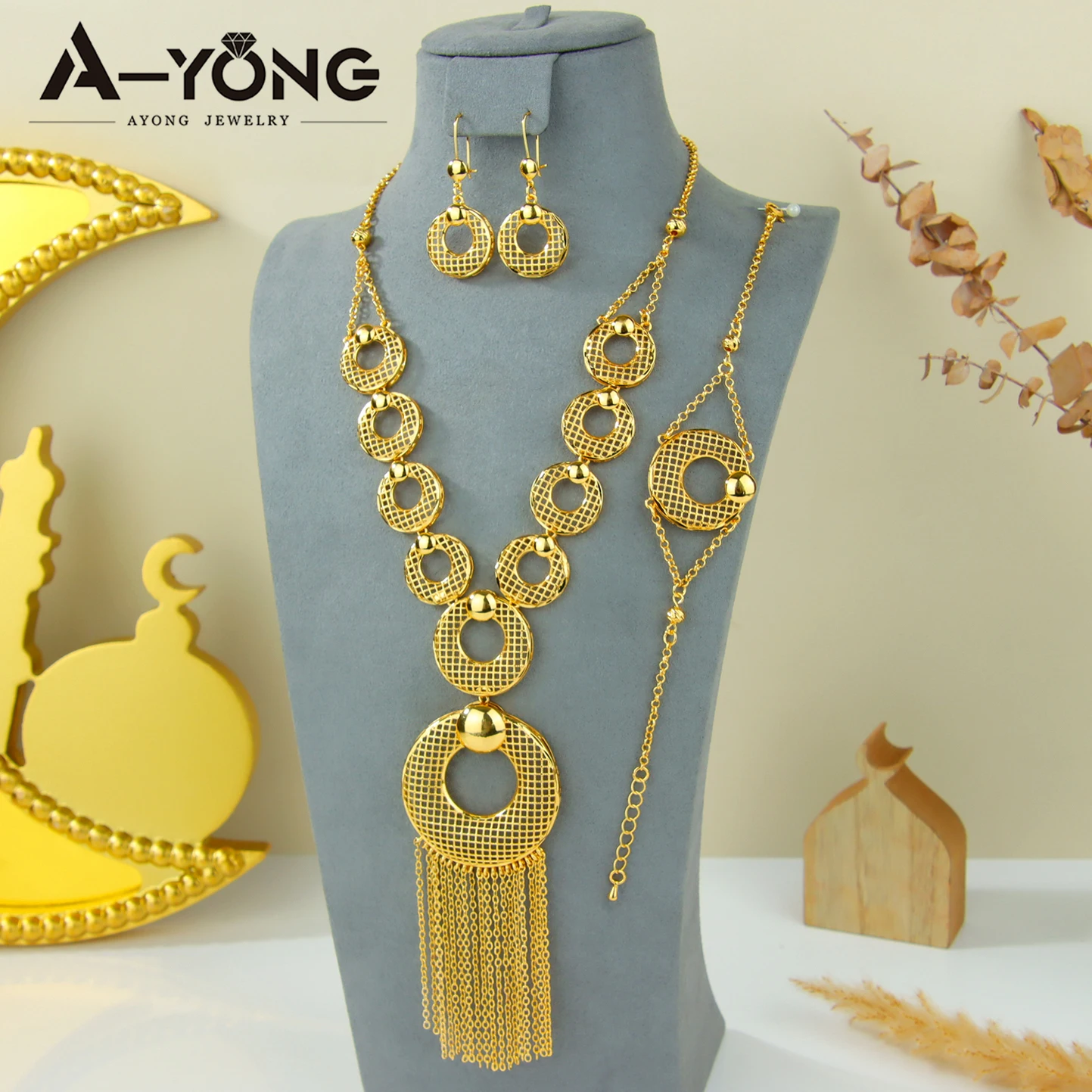 Ethiopian Bridal Wedding Jewelry Set 24k Gold Plated Algeria Tassel Necklace Bracelet Earrings Arabic Vintage Abaya Jewelry