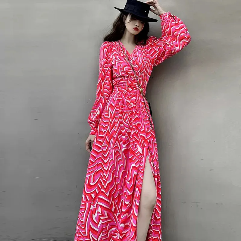 

Floral split dress Spring Women's 2024 New Slim Super Long to Ankle dress V-neck Long Sleeve Casual Luxury Party Vestidos Female