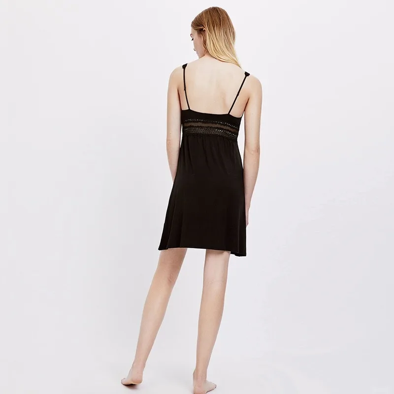 Modal Foreign Trade Nightdress Comfortable Deep V Sexy Lace Spaghetti Strap Skirt Casual Home Sleepwear Medium Long Length M