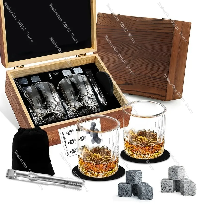 Whiskey Ice Cube Gift Set, Glass Wine Cup with Wooden Box, Luxury Ice Whiskey Glass Set, Gift Packaging  Home Bar and Party Use