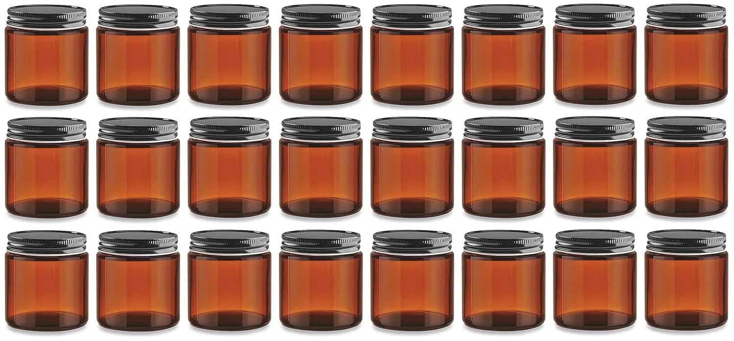 

Стеклянные банки для консервирования прямой формы, 4 унции, янтарного цвета - с черными металлическими крышками 58 мм - упаковка 24 шт.