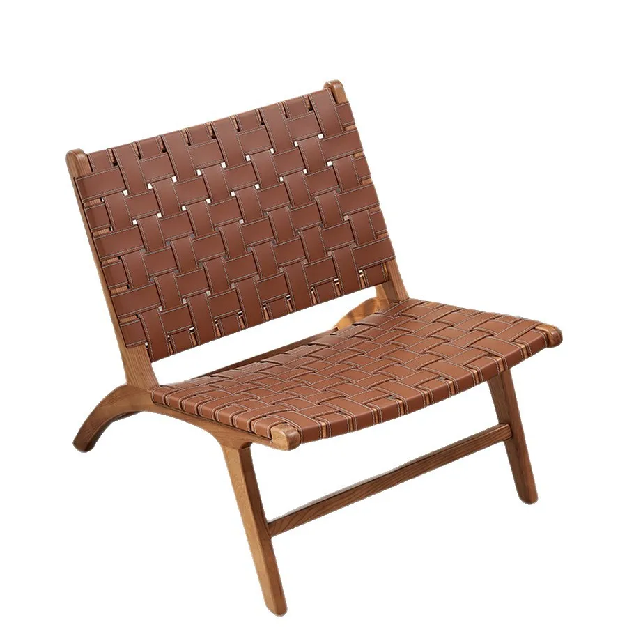

Nordic solid wood sofa chair single saddle leather woven living room balcony retro homestay leisure single chair