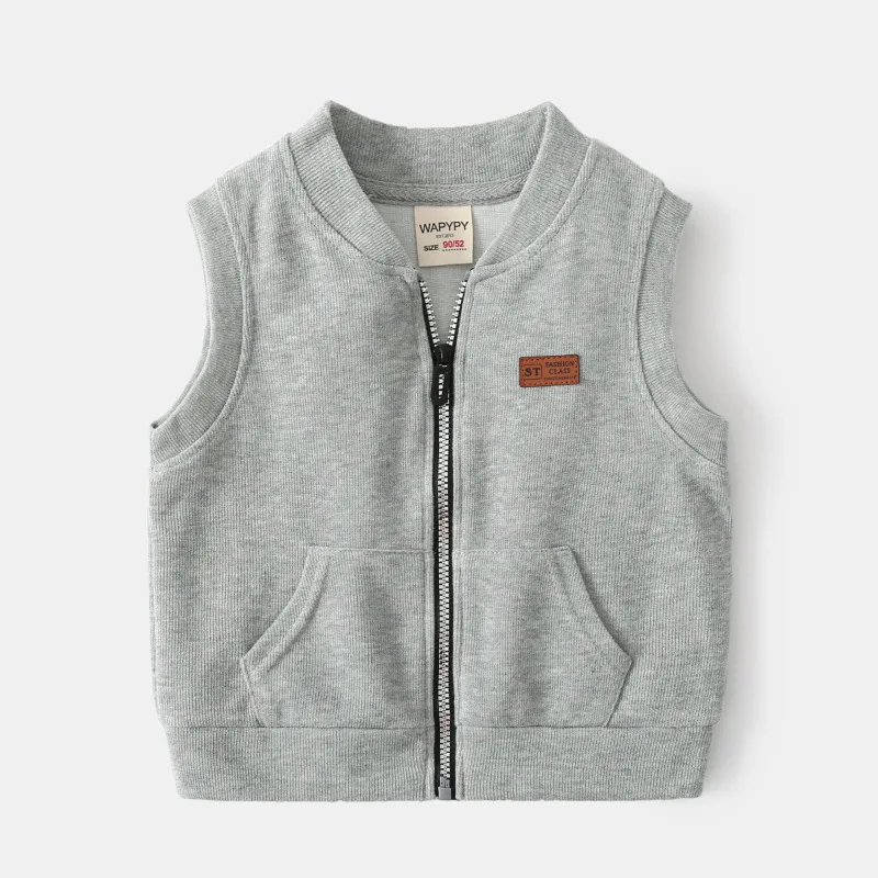 Korean Spring Autumn Young Kid Boy Vest Letter Sticker Sleeveless Zipper Little Boy Jakcet Solid Casual V-collar Infant Boy Coat