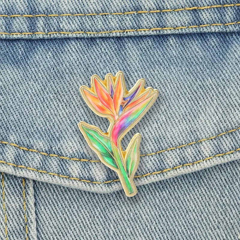 Bird of Paradise Badge Flower UV Printing Pins Colorful Tropical Floral Brooch Strelitzia Plant Accessories Bag Decor