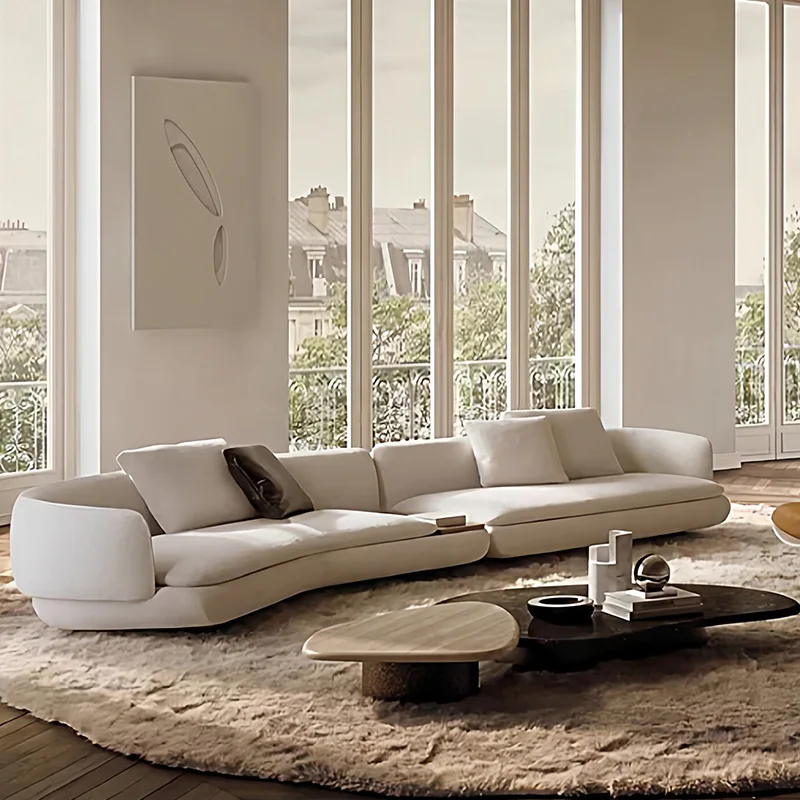 #French Retro Curved Lambswool Cover 3 Seater Corner Sofa Tufted Detail 10-Year Warranty Modern Minimalist Design For Living Roo