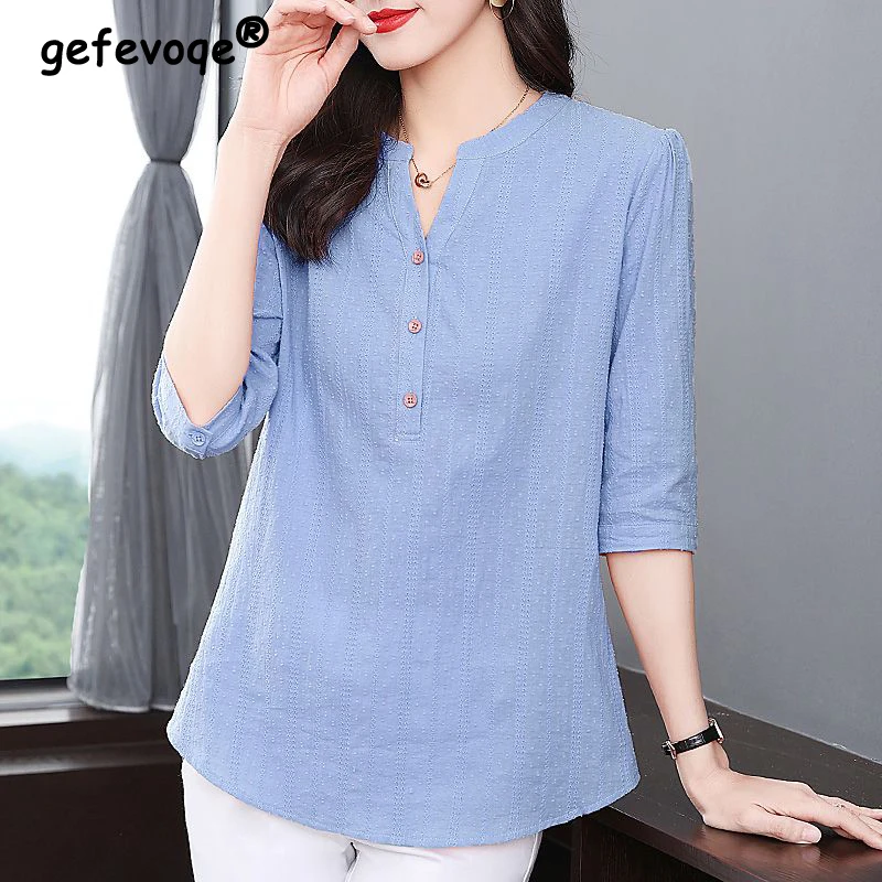 Summer New Oversized Pure Cotton Loose Shirt Ladies 3/4 Sleeve Casual Fashion Solid Pullover Tops Women Simple All-match Blouse